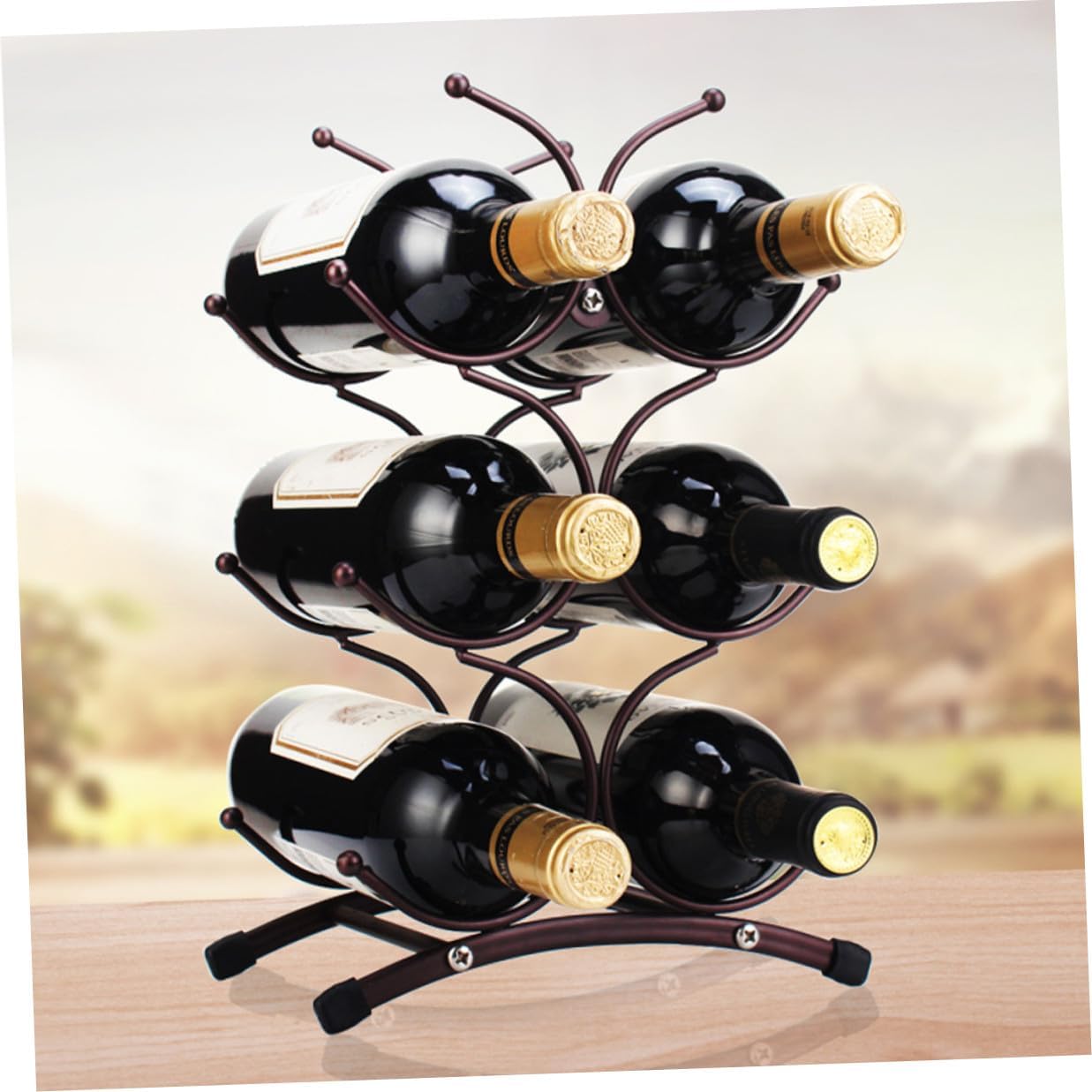 Detachable Iron Wine Rack 6-Bottle Vintage Metal Wine Storage Shelf Countertop Holder for Home Dining Room Display, Matte Antique Copper