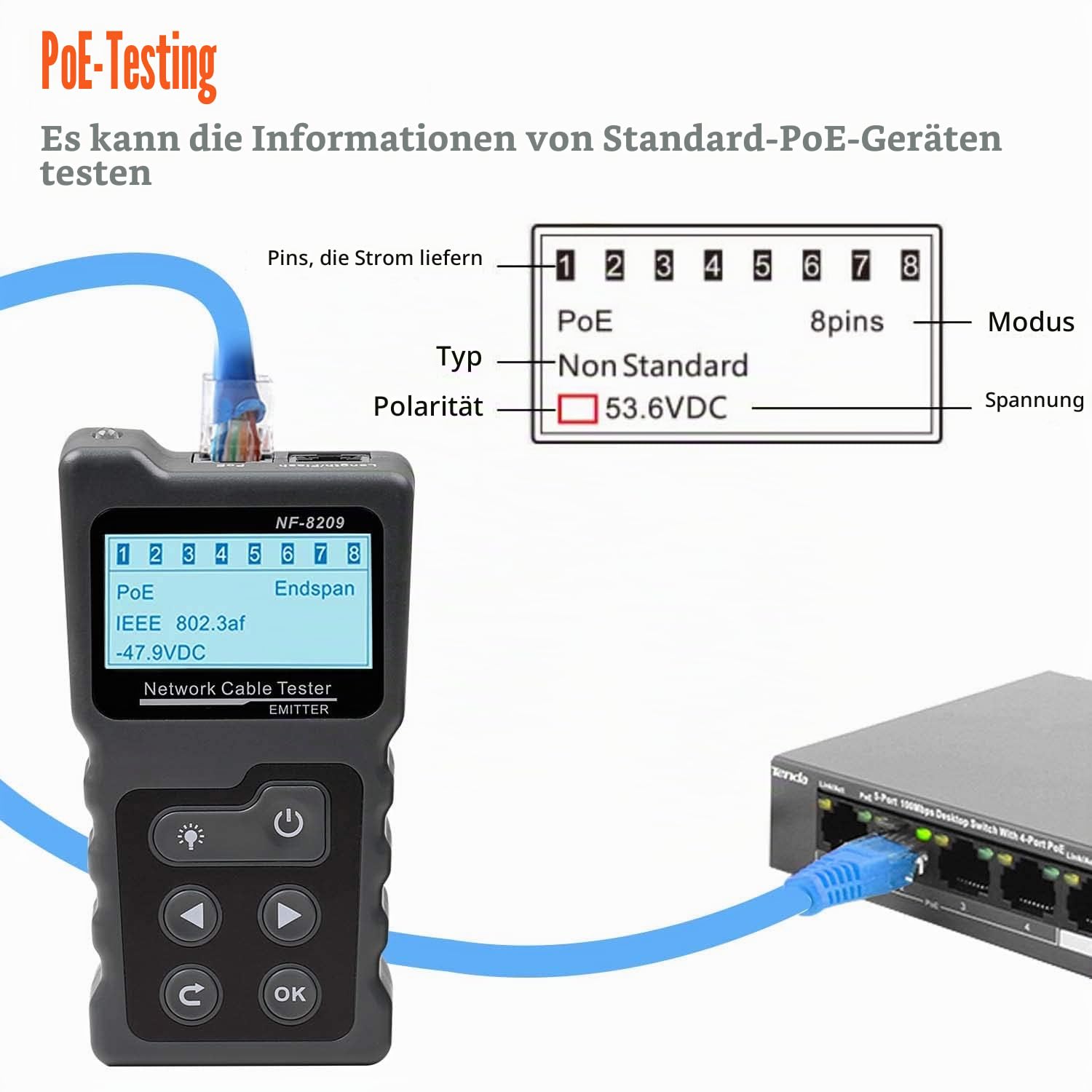 4-in-1 Netzwerkkabel-Tracker, PoE-Tester mit NCV & Lampe für CAT5e/CAT6/CAT6a, Erkennung von PoE-Spannung, PSE-Standards, Kabelfehlerabstandsmessung durch TDR Funktion NF-8209