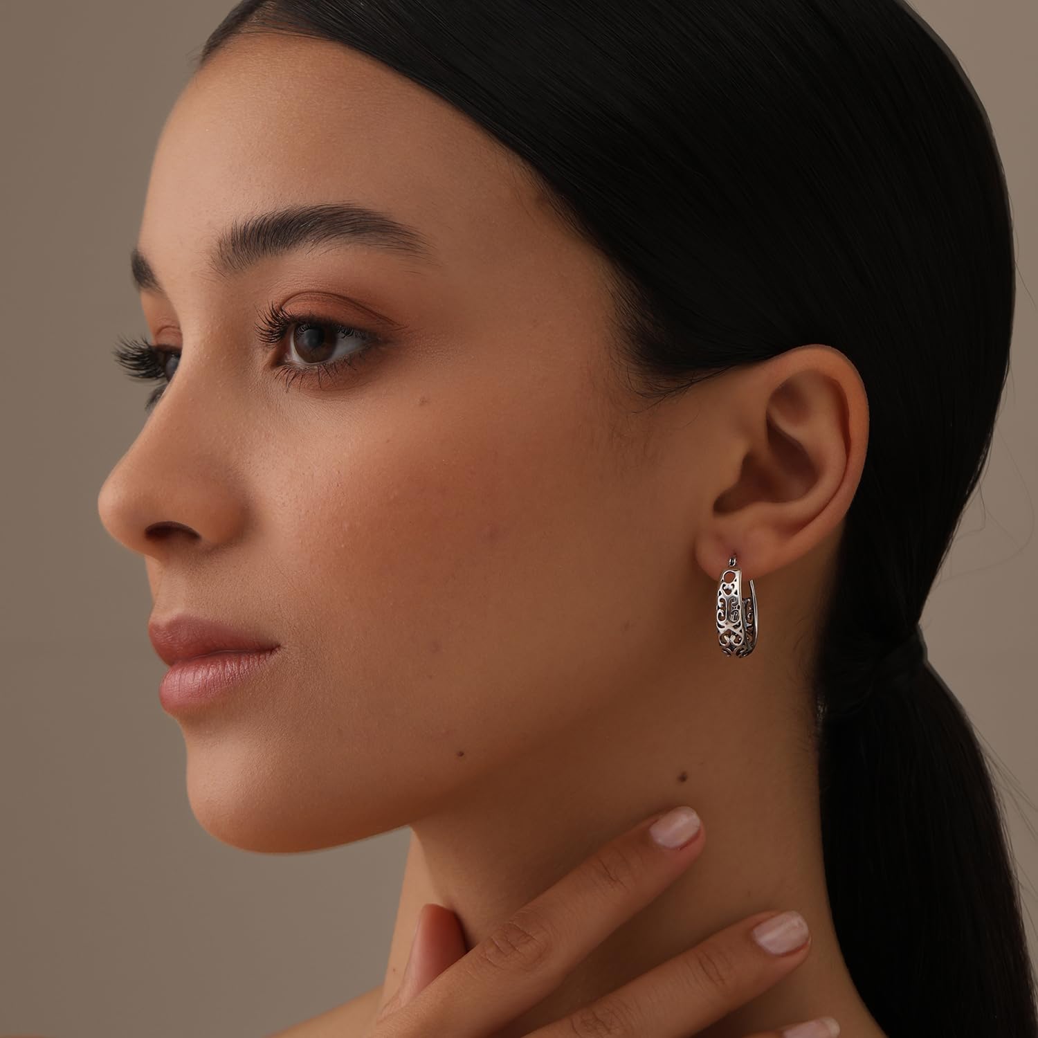 LeCalla 925 Sterling Silver Chunky Hoop Earrings | Filigree Mesh Heart Click Top Hoops for Women - Image 2