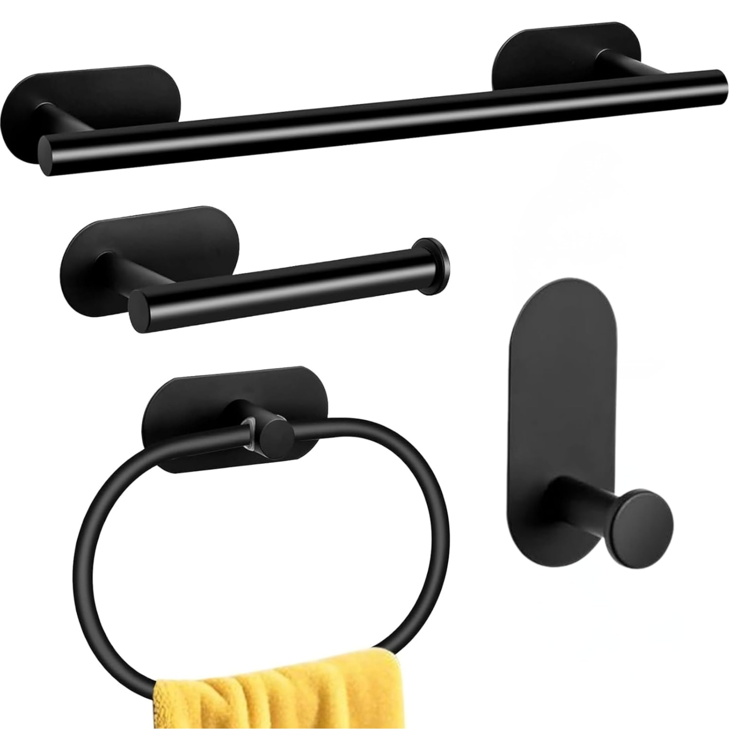 JIALTO Bathroom Accessories Set - Adhesive Hooks, Tissue Paper Holder, Towel Hanger, Bathroom Set Wall Mounted Easy Install Bathroom Fittings 4 Pcs Matte Black-image-24