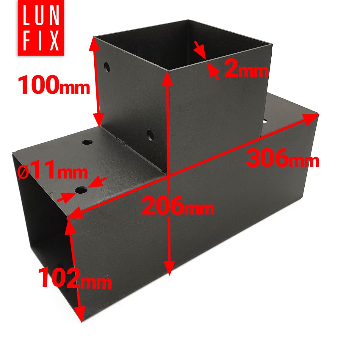 T-Verbinder 100x100 Stahl verzinkt, schwarz pulverbeschichtet, Pfostenverbinder, Holzverbinder, Pfostenträger 102x206x306x2 mm, Eckverbinder für Pergola, Carport, Zaun, Holzbalken Verbinder