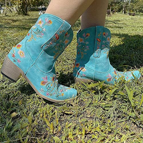 Hbeylia Cowboy Boots For Women Vintage Embroidery Pointed Toe Chunky Mid-Heels Western Cowgirls Boots Retro Slip On Wide Mid Calf Boots Riding Knight Ankle Booties3