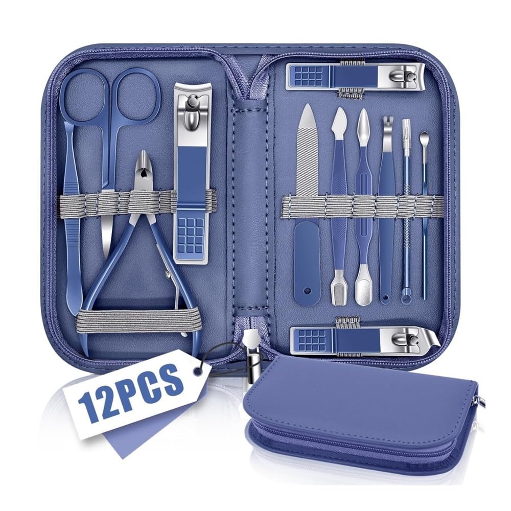 Set de manicura y pedicura de 12 piezas para mujeres y hombres, kit de cuidado de uñas de cuero con herramientas profesionales para pies, cortaúñas para los dedos de los pies y cortaúñas para las
