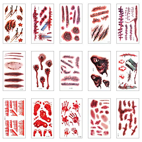 LUTER 15 Sheets Halloween Realistic Fake Bloody Wound Scar Halloween Temporary Tattoo Stickers for Halloween Cosplay Costume Party
