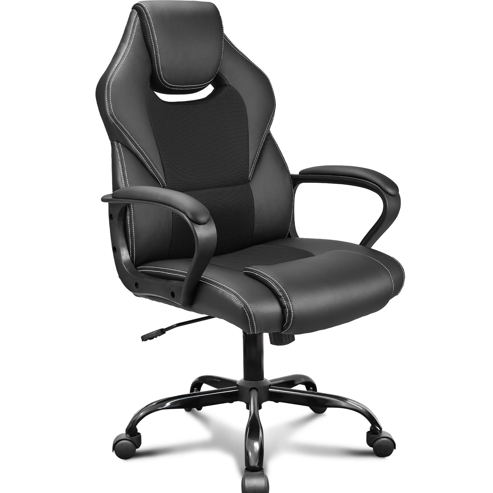 Fauteuil de Bureau Confortable en Cuir PU 150kg, Chaise Ergonomique avec Accoudoirs Rembourrés et Fonction Bascule, Noir Pivotant
