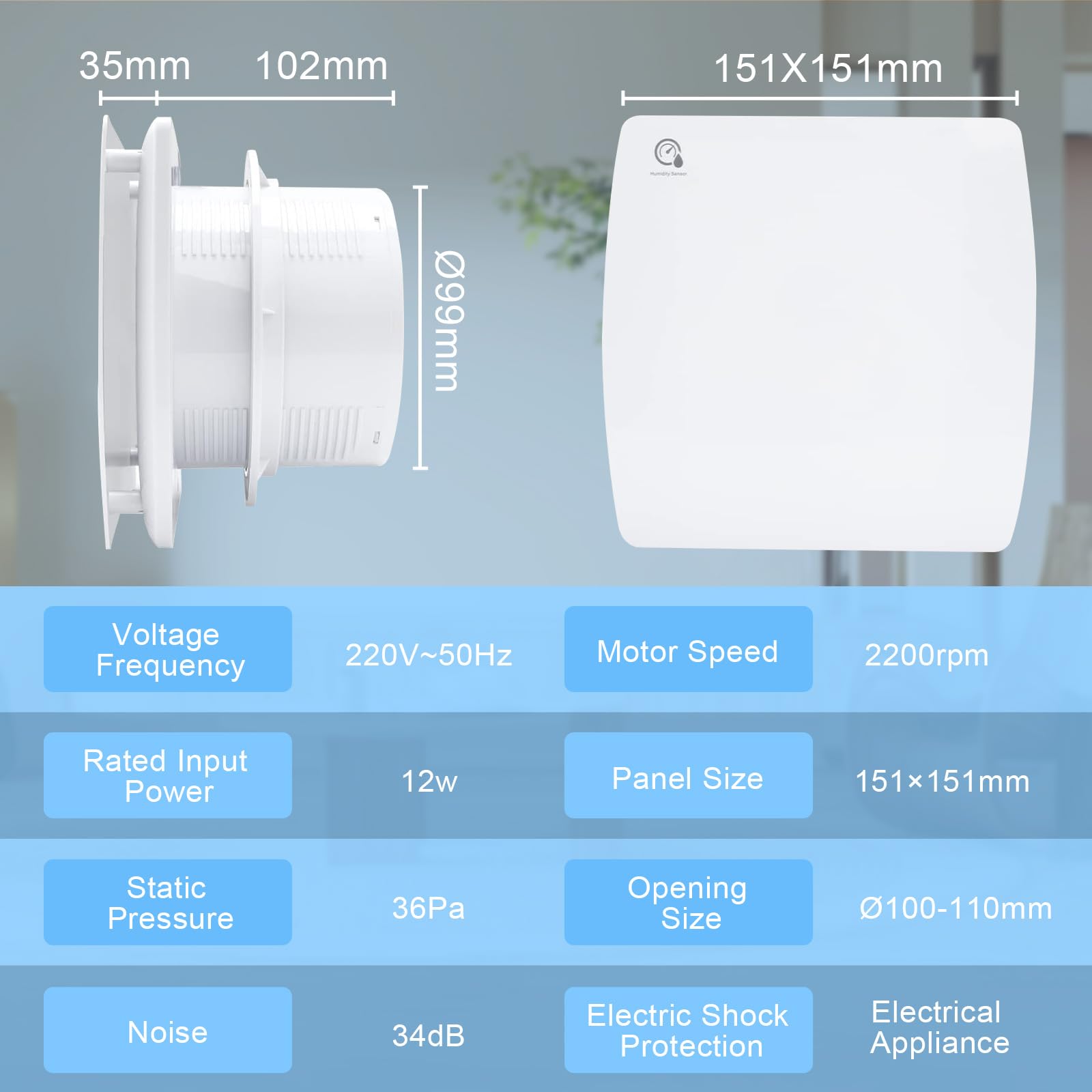 WingFly Ventilatore da Bagno 100 mm con Sensore di Umidità e Timer Antiriflusso, Aspiratore Assiale per l'estrazione dell'aria, 95m³/h, 12 W, per Bagno e Cucina, Spina Europea