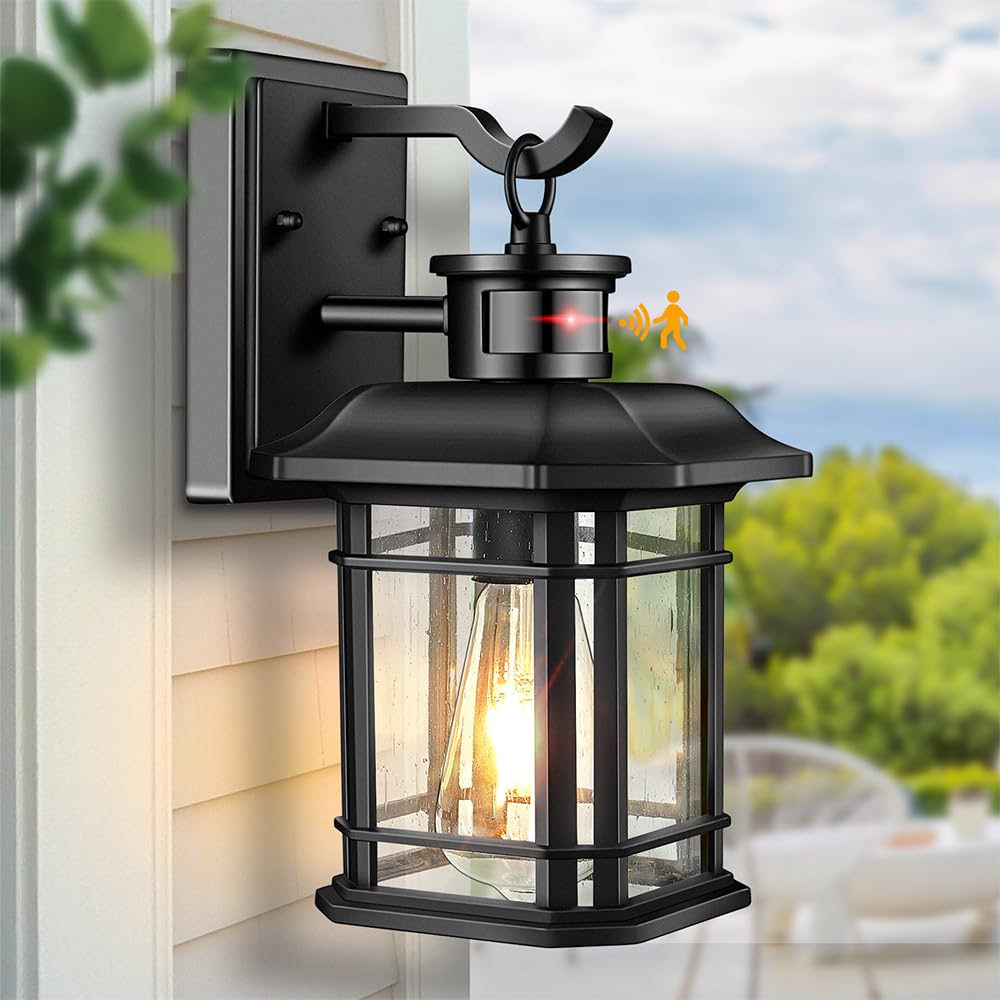 VIANIS Outdoor Wall Lights Mains Powered, Outside Light with Motion Sensor, Dusk to Dawn Vintage Outdoor Lighting, Black Exterior Porch Lights Wall Mount, Waterproof Outside Wall Lantern for Garage