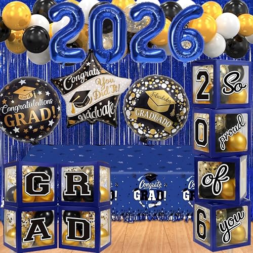 Image of Black and Blue Graduation Decorations Class of 2026 - Graduation Balloon Boxes, Balloon Arch Garland Kit, Fringe Curtains, Party Decorations 2026 for Any Grades