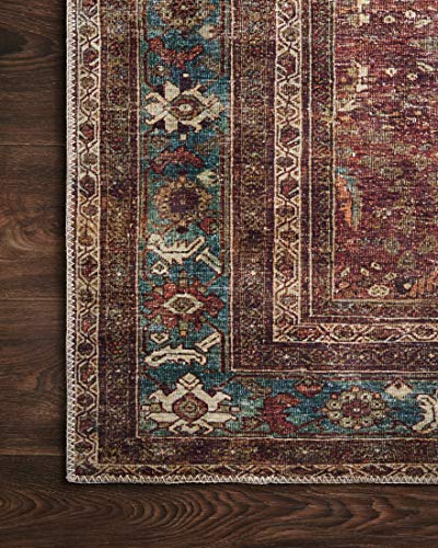 Loloi Layla Collection LAY-01 Brick/Blue 2'-6" x 9'-6" .13" Thick Runner Rug, Soft, Durable, Vintage Inspired, Distressed, Low Pile, Non-Shedding, Easy Clean, Printed, Living Room Rug