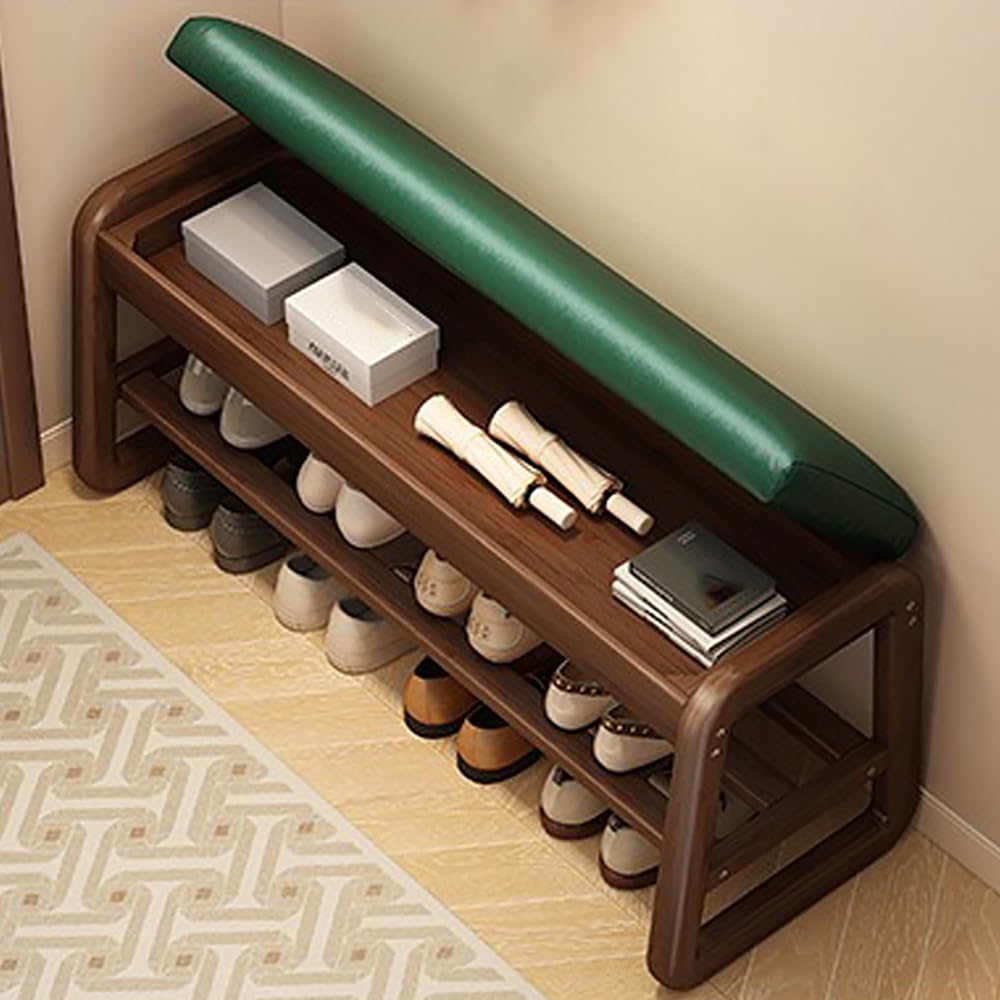 WYRNOBRX Solid Wood Shoe Bench with Leather Cushion Small Wood Shoe Rack Internal Shelving Shoe Cabinet Entryway Bench Entrance Shoe Cabinet Bench for Living Furniture,Green,L80*H42*W34
