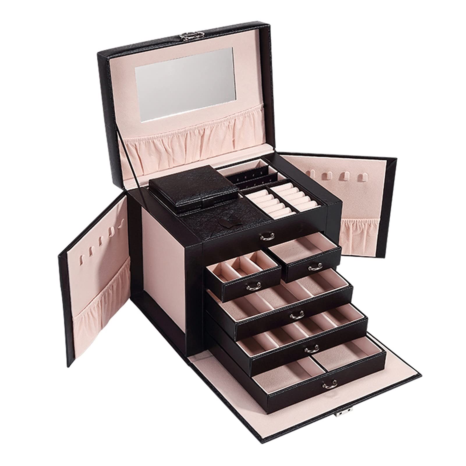 TIANQIHAO Jewelry Box Jewelry Box For Women Girls With Mirror Necklace Ring Earrings Organizer Pu Leather Removable Drawer Jewelry Box Multi-Layer Design Jewelry Display Storage Ca