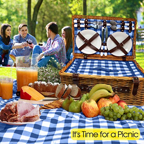 Nature Gear Upgraded 4 Person XL Picnic Basket Wicker (4 Person, Blue & White)