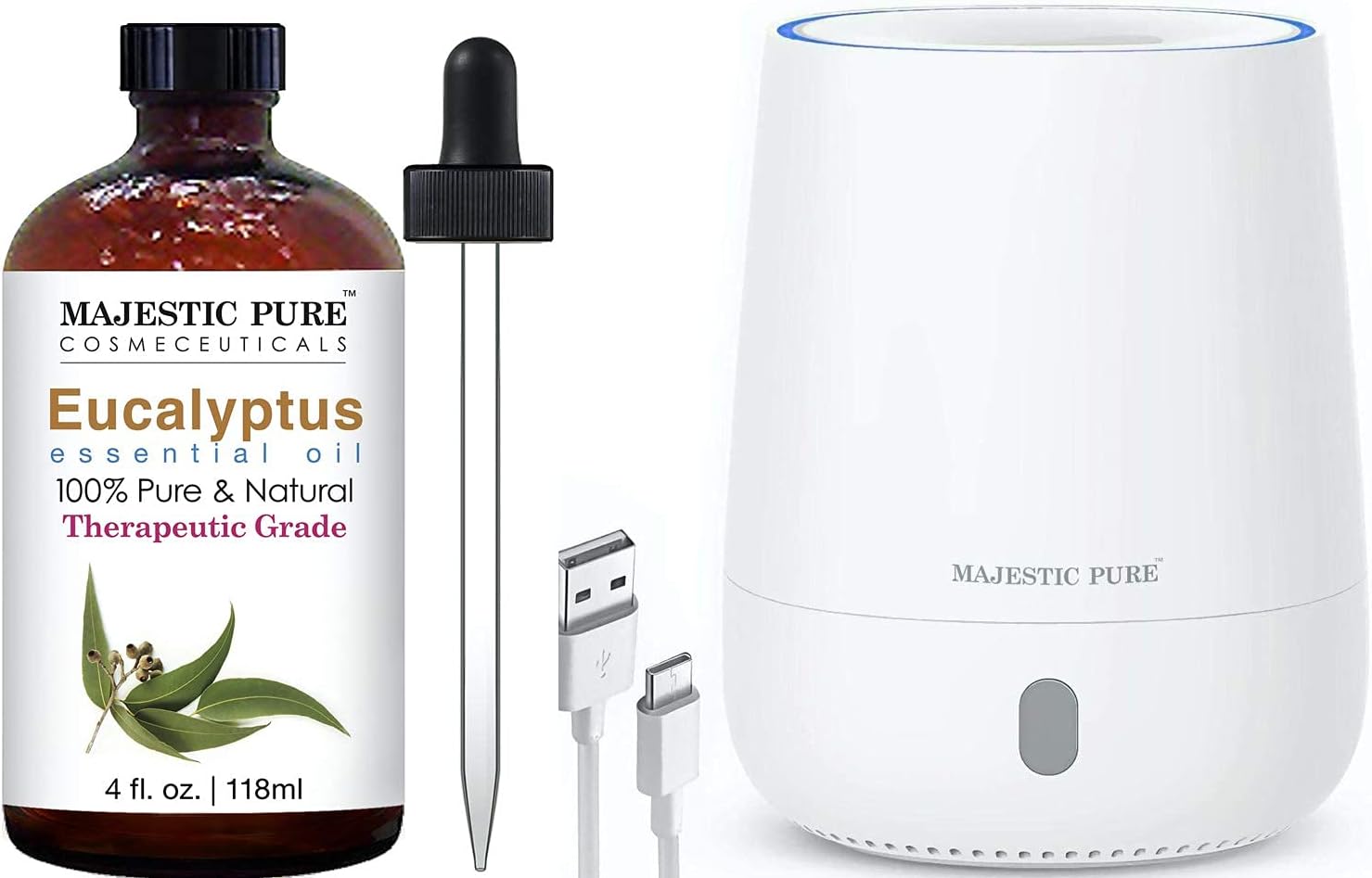 Majestic Pure Eucalyptus Essential Oil and USB Aromatherapy Diffuser Bundle