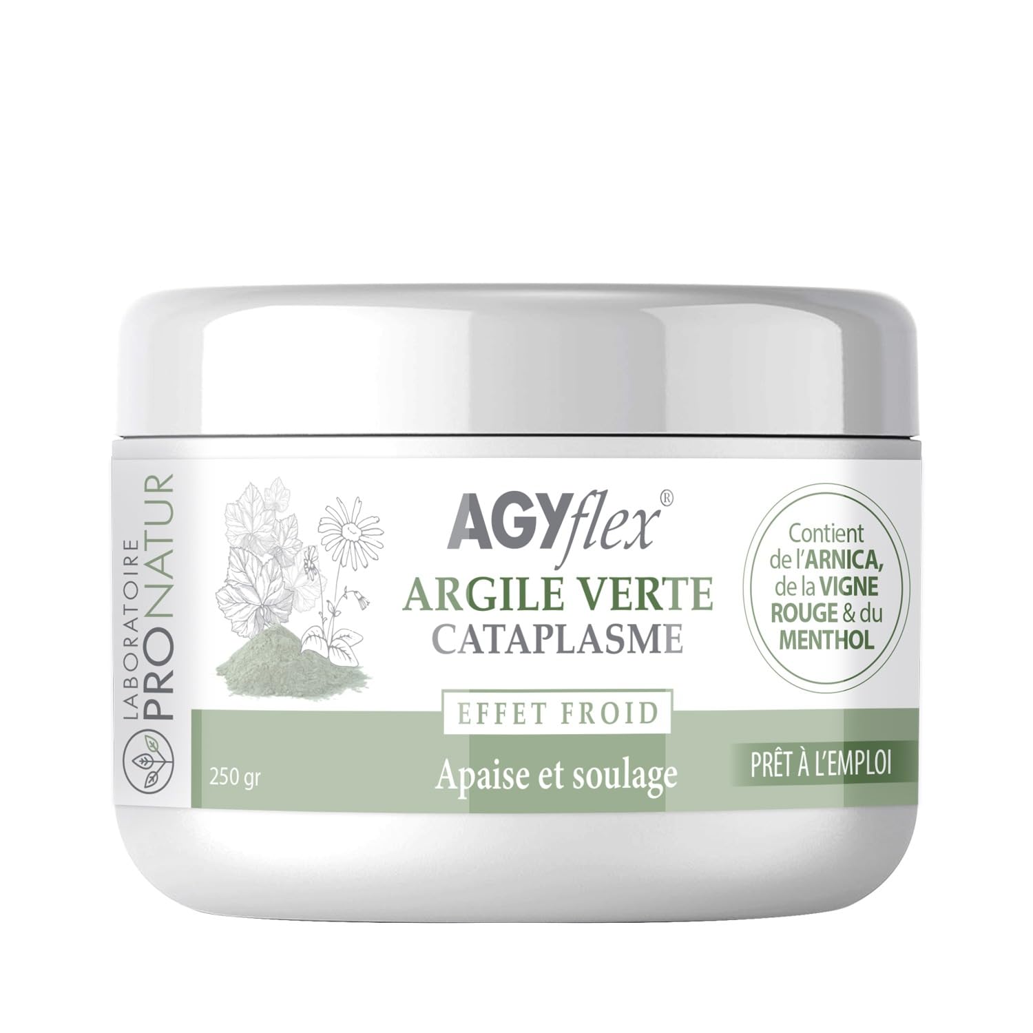 Cataplasme Cryo AGYflex ARGILE VERTE - Bien-être des muscles et articulations - Prêt à l’emploi - Vigne rouge, Arnica, Menthol - 250 g - Fabriqué en France