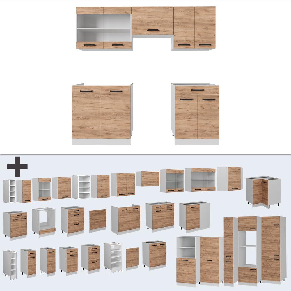 Vicco Küche R-Line, Goldkraft Eiche/Weiß, 200 cm ohne Arbeitsplatte, zur individuellen Erweiterung mit zusätzlichen Modulen geeignet