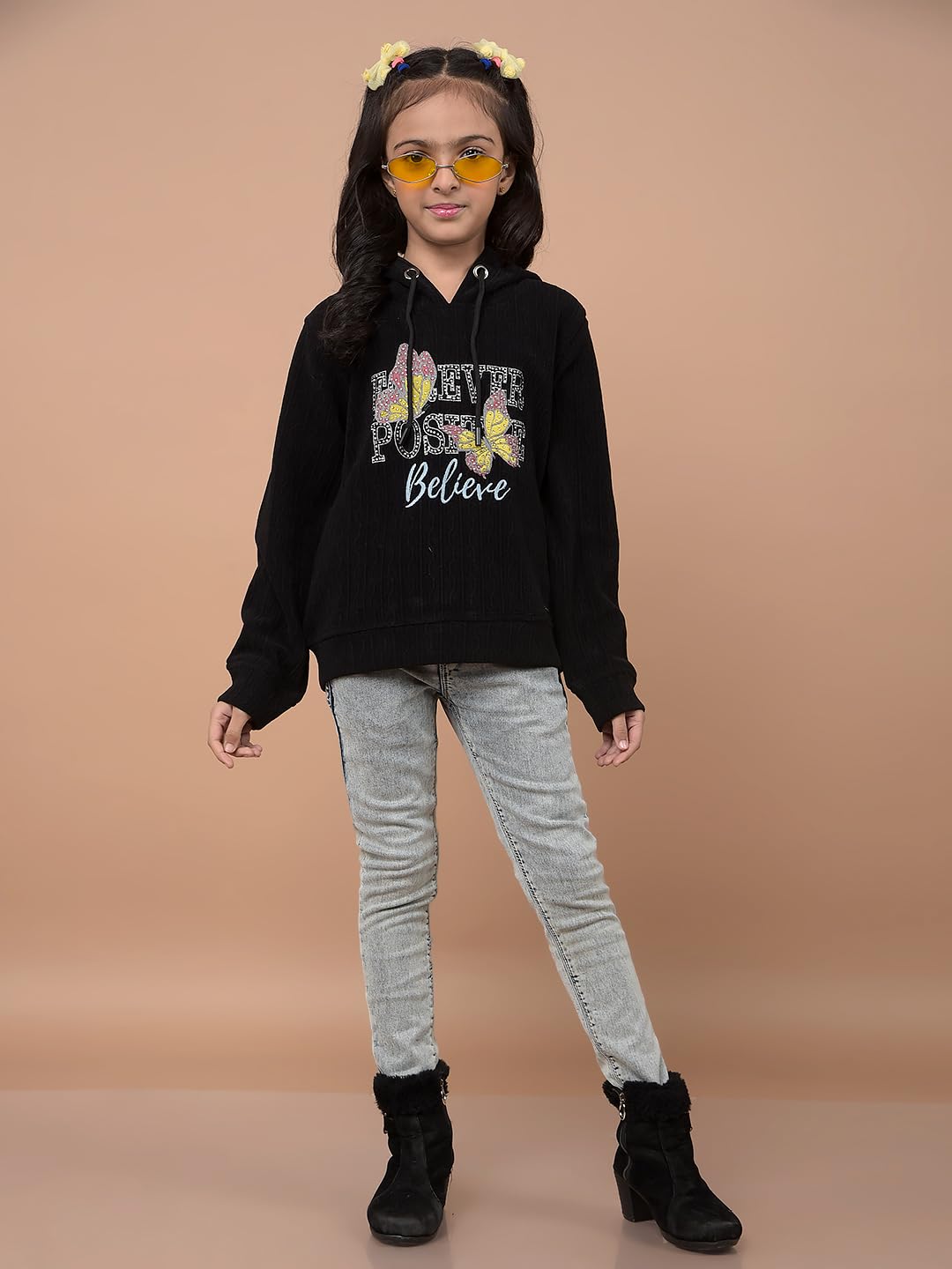 Crimsoune Club Girl's Black Embellished Hooded Neck Sweatshirt (9-10Y) 3