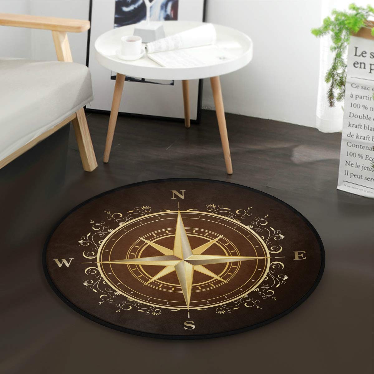 Gold Compass Rose Ornate Round Area Rug Soft Comfort Floor Mat Carpet with Anti-Slip Backing for Home Bedroom Decor - 3 Feet Diameter (92 cm)