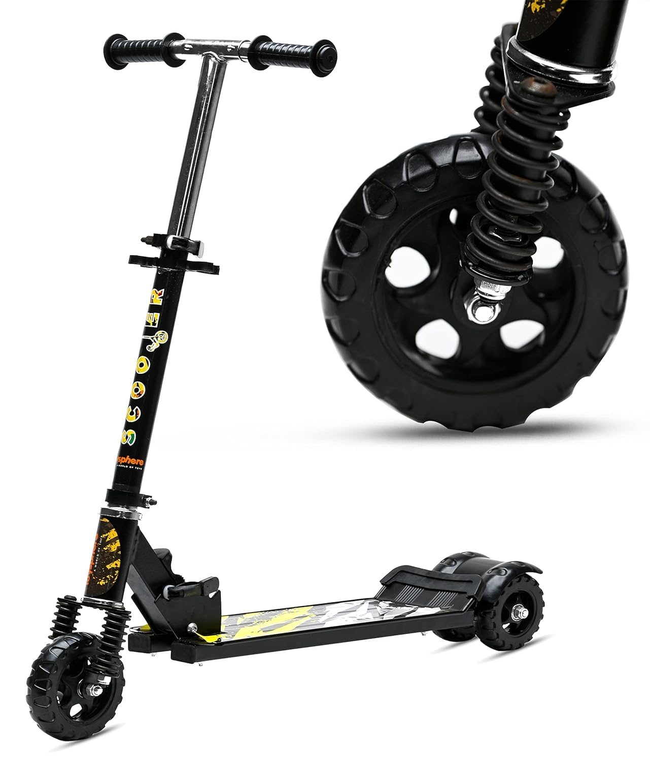 Kick Steel Scooter for Kids, 3 Adjustable Height Scooter, Foldable & Attractive PVC Wheels with Rare Brakes for Kids Age Upto 3+ Years Strong Steel Base Heavy Dute Upto 70kg (with Shocker) (Black)-picture-11