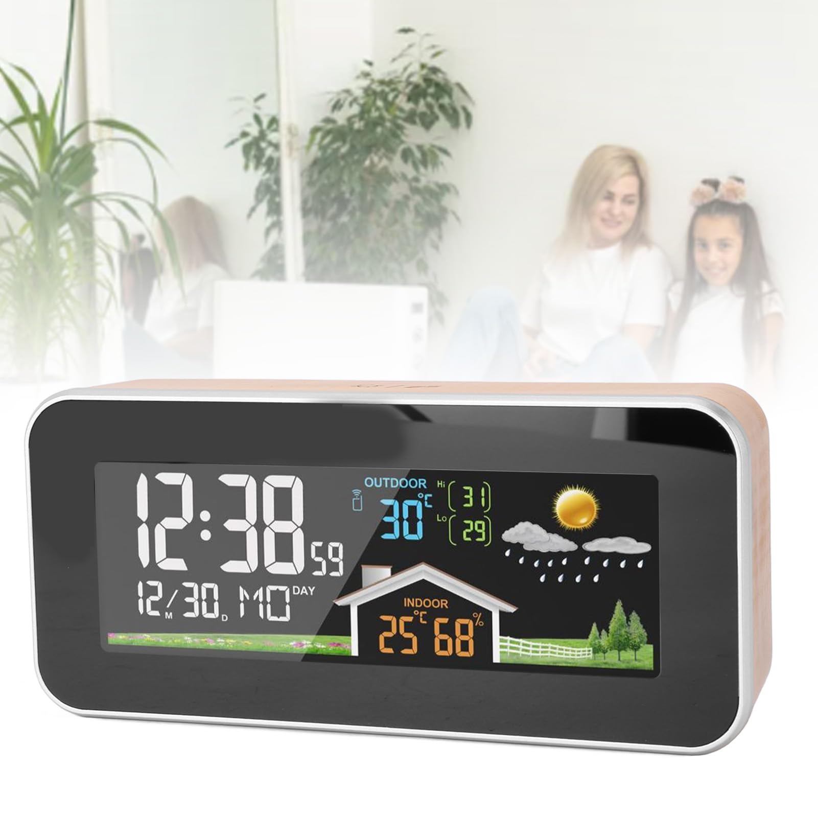 GLOGLOW Zegar z prognozą pogody, bezprzewodowy cyfrowy budzik z czujnikiem temperatury i wilgotności, wielofunkcyjny kolorowy wyświetlacz LCD, zegar z prognozą pogody do użytku wewnątrz i na zewnątrz