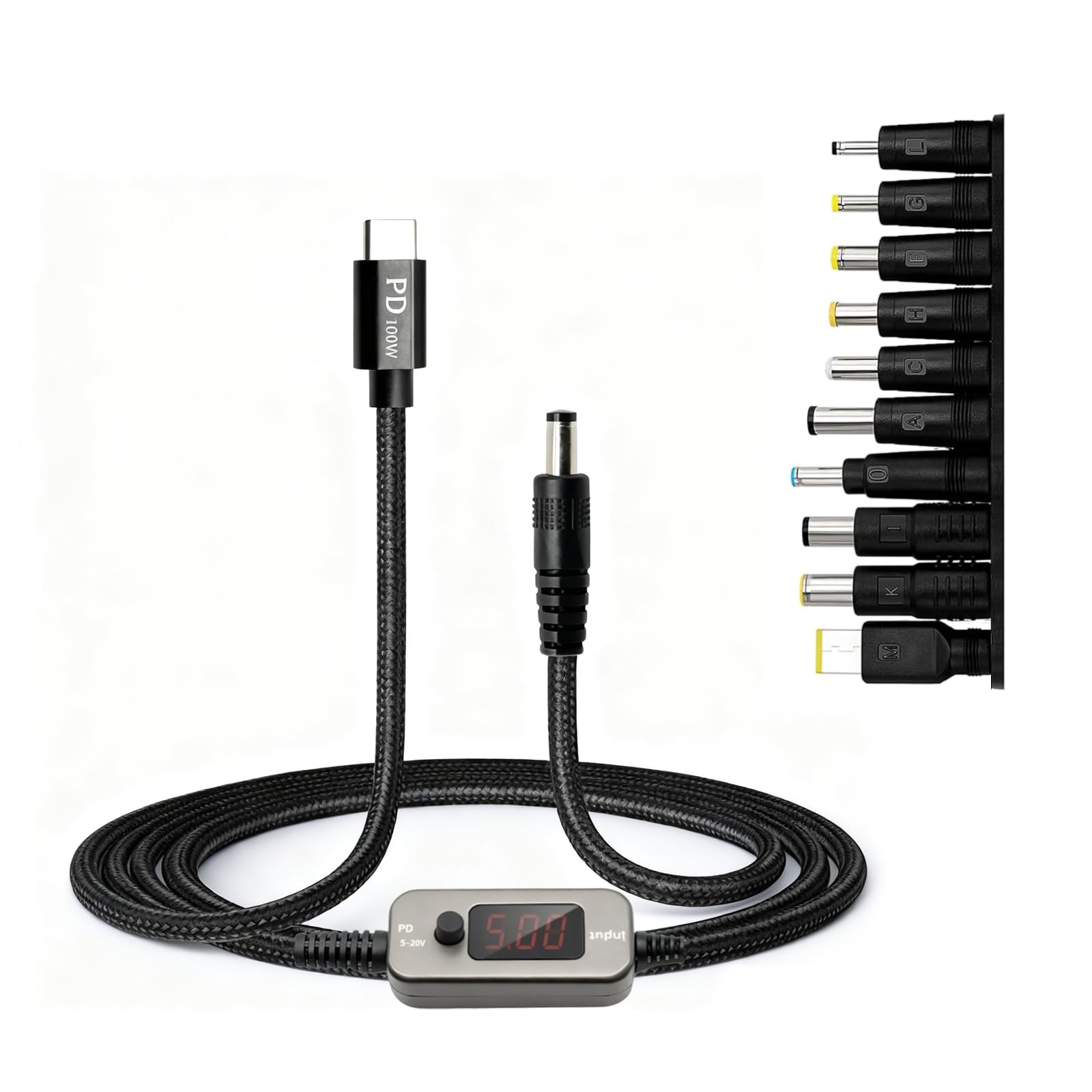 100 W USB-C PD to DC Adapter Cable 5 V 9 V 12 V 15 V 20 V Adjustable with 10 DC Connectors 5.5 x 2.1 mm Plug, Zinc Alloy Housing & 1 m Nylon Cable Compatible with Laptop Router Monitor Camera-image-17