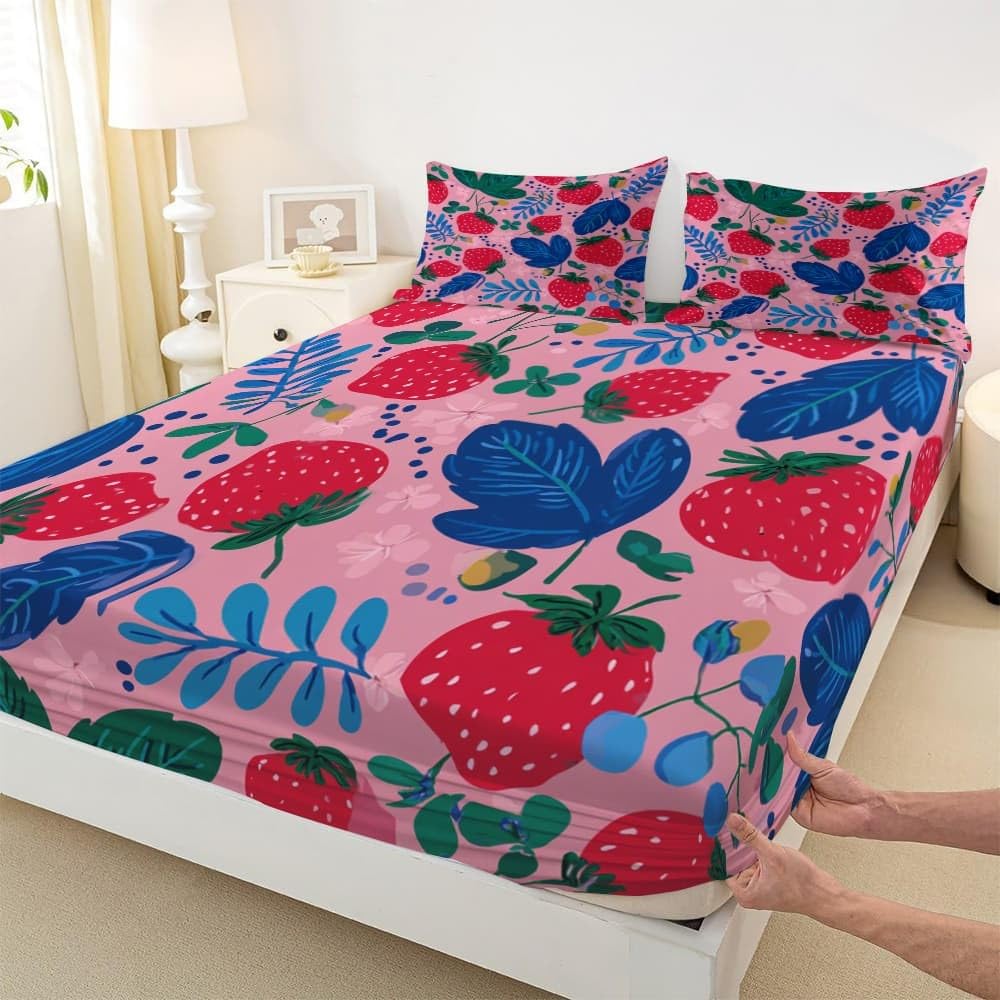 Lot de 3 Draps Housses 160x200 cm Fraise Aux Fruits Enfantins Doux et Respirant Parure de Lit Draps Housses Rose avec 2 Taies d'oreillers, pour Enfant Adolescent et Adulte