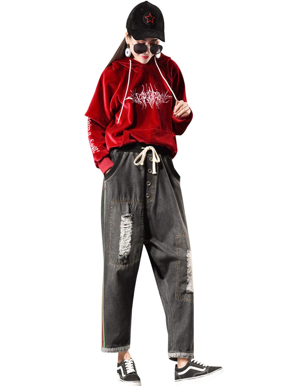 Youlee Donna Vita Elastica Pantaloni Harem Jeans di Cotone