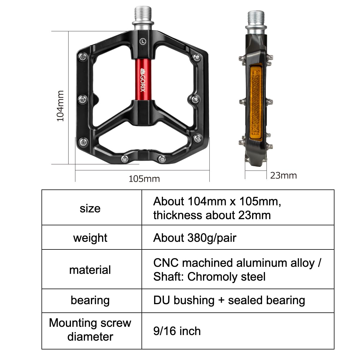 GORIX Bicycle Flachpedale mit Reflektor, breite, rutschfeste Aluminium-Kugellager, abgedichtet, für Rennräder und Mountainbikes (GX-FYST9)