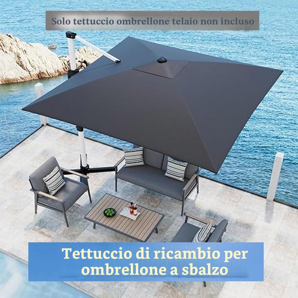 Tessuto di Ricambio per Ombrellone Quadrato 3x3m 3x4m 8 Stecche Telo di Ricambio per Ombrellone Giardino A Sbalzo Baldacchino Impermeabile UV50+(Dark Grey,3x3m (10x10ft))