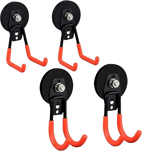 ULIBERMAGNET Paquete de 2 ganchos magnéticos grandes para garaje y 2 ganchos magnéticos dobles resistentes para herramientas colgantes en interiores