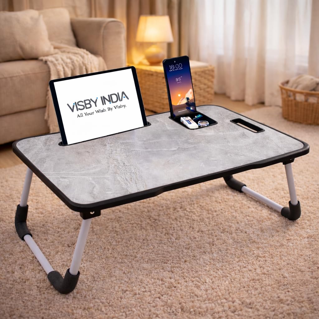 Smart Latest Multipurpose Foldable Laptop Table with Cup Holder, Study Table, Bed Table, Foldable and Portable/Ergonomic & Rounded Edges/Lifetime Non-Slip Legs (Marble C-Biding)-image-9
