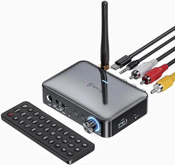 MOREGAX 5.1 Bluetooth Audio Receiver Transmitter for Stereo/Speaker/Wired Speaker/Home Music Streaming Stereo Audio Adapter, Supports 3.5mm AUX, RCA, Coaxial, 6.5mm Microphone, USB, TF Card Playback