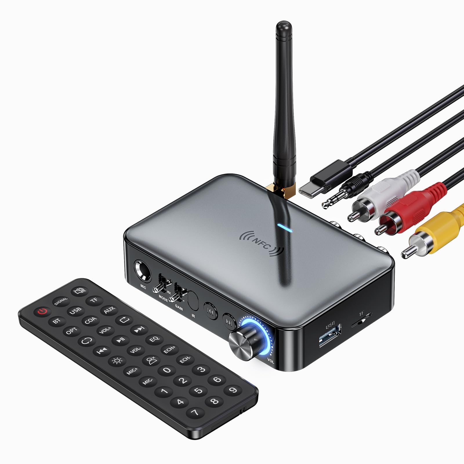 MOREGAX 5.1 Bluetooth Audio Receiver Transmitter for Stereo/Speaker/Wired Speaker/Home Music Streaming Stereo Audio Adapter, Supports 3.5mm AUX, RCA, Coaxial, 6.5mm Microphone, USB, TF Card Playback