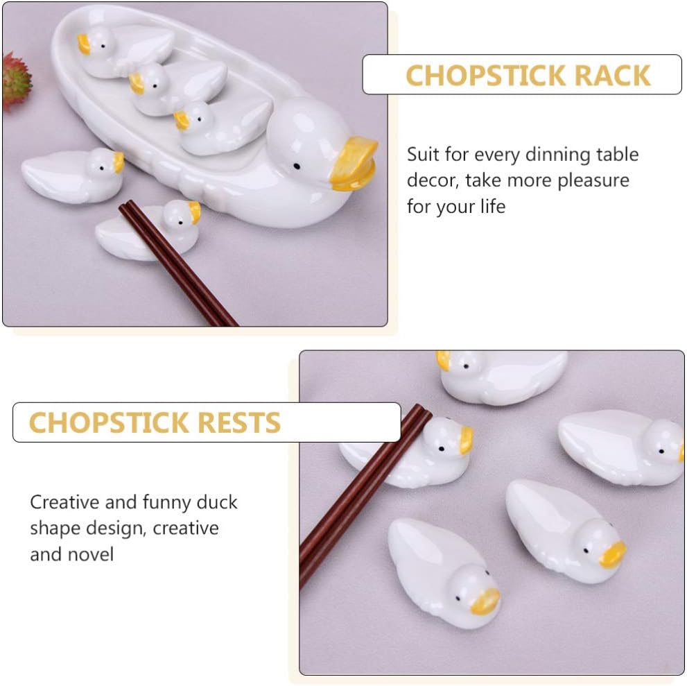 Duck Ceramic Chopstick Rest Ducky Porcelain Spoon Holder Set Pottery Cutlery Knife Fork Stand for Home Kitchen Table Tableware Cooking Utensils Dish Accessories Decor Gift