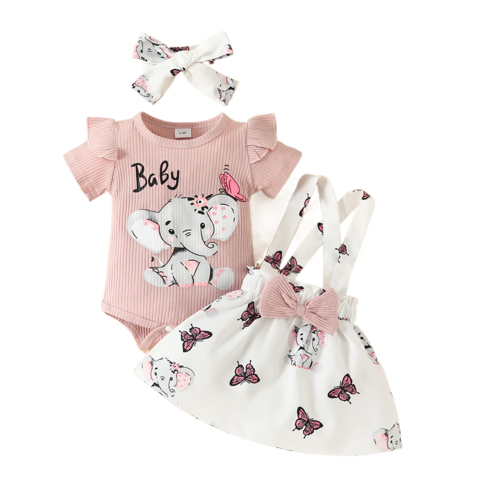 WALLARENEAR Newborn Baby Girl Summer Skirt Outfit Ribbed Short Sleeve Romper + Elephant Print Suspender Skirt + Headband (Pink, 9-12 Months)
