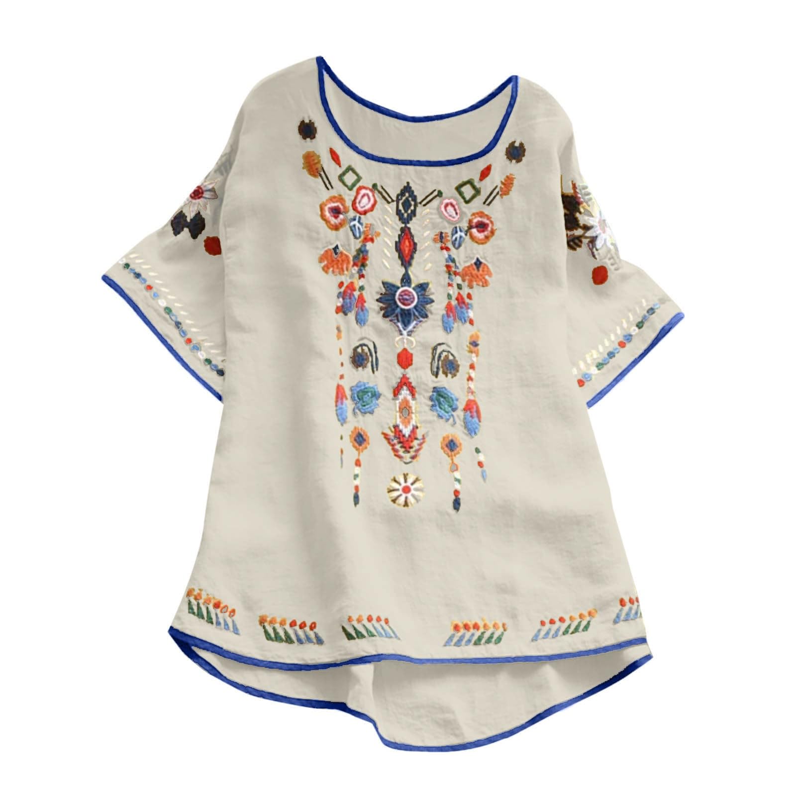 Womens Mexican Peasant Blouses Short Sleeve Embroidered Tunic Floral Cotton Linen Tops Boho Bohemian Trendy Clothes