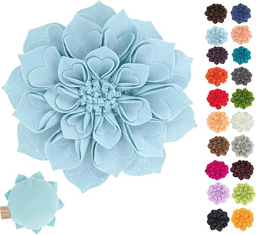 Miniatura 7 de Fennco Styles Almohada decorativa de pétalos en forma de corazón 3D hecha a mano con relleno redondo de 13 pulgadas, almohada floral aguamarina para