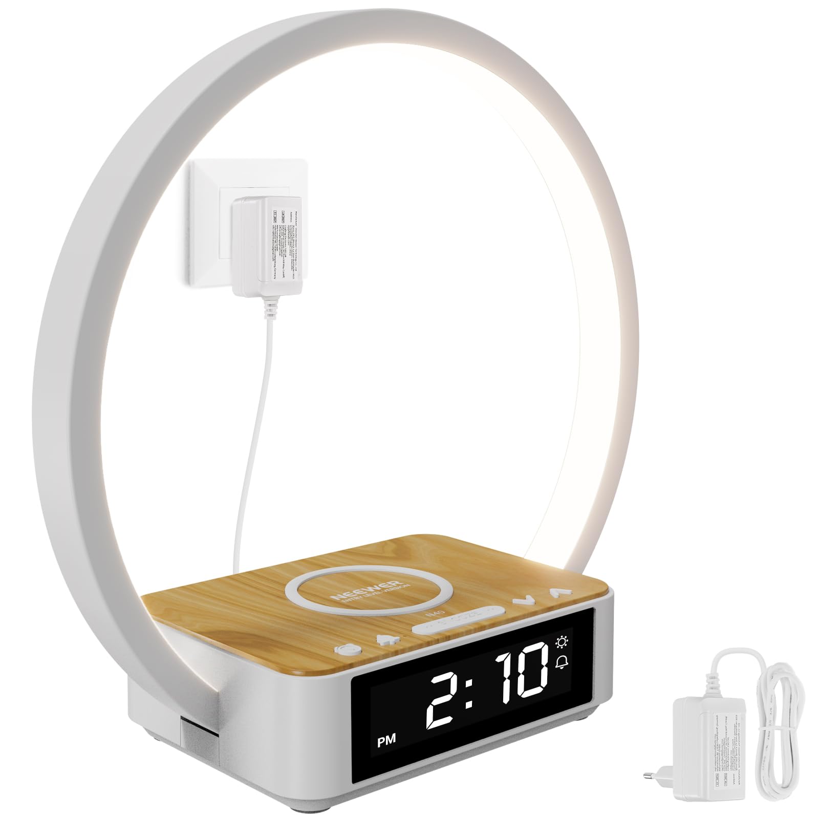 NEEWER Entry Level Version Bedside Lamp con 15W Carga Inalámbrica Compatible con iPhone AirPods,Sunrise Alarm Clock, Dimmable Aro Foco Luz Desktop LED Táctil para Dormitorio Mesita Noche Lectura, N40