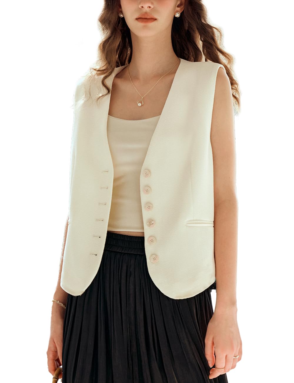 Womens Vest V-Neck 6-Button Sleeveless Trendy Blazer Suit Top