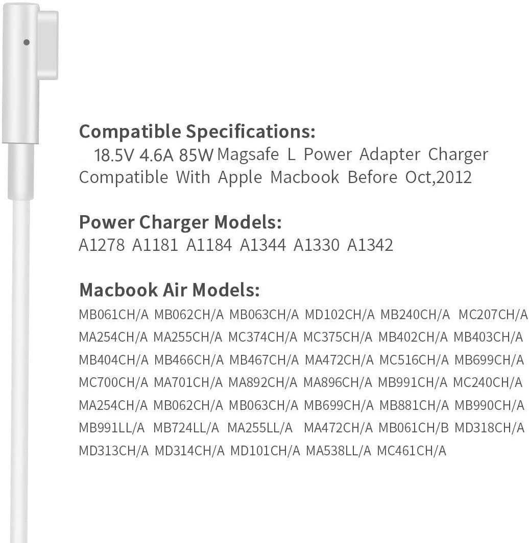 Chargeur MacBook Pro 85W, Mags Safe 1 Compatible avec Mac Pro 13" 15" Pouces 2009 2010 2011 2012à Mi-2012, Chargeur USB en L-Tip Magnétique pour A1278 A1281 A1286 A1290 A1297 etc