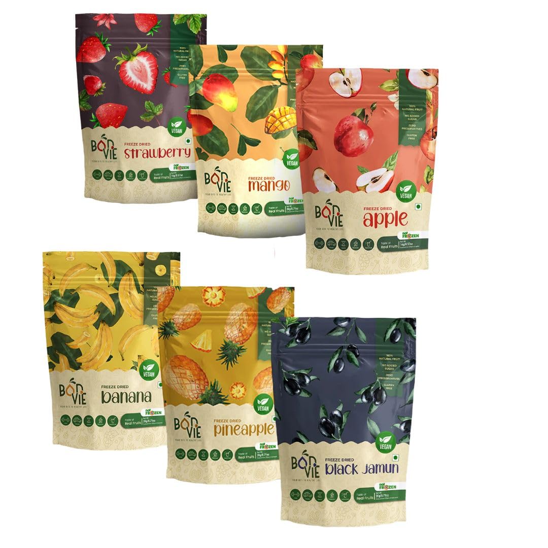 BONVIE Freeze dried fruits | Healthy Snacks | No Added Sugar, Gluten Free, No Prevervatives (Pack of 6) (Strawberry,Mango,Apple,Banana,Pineapple,Black Jamun) 140 Grams (B0C1N9FLSJ) Amazon Price History, Amazon Price Tracker