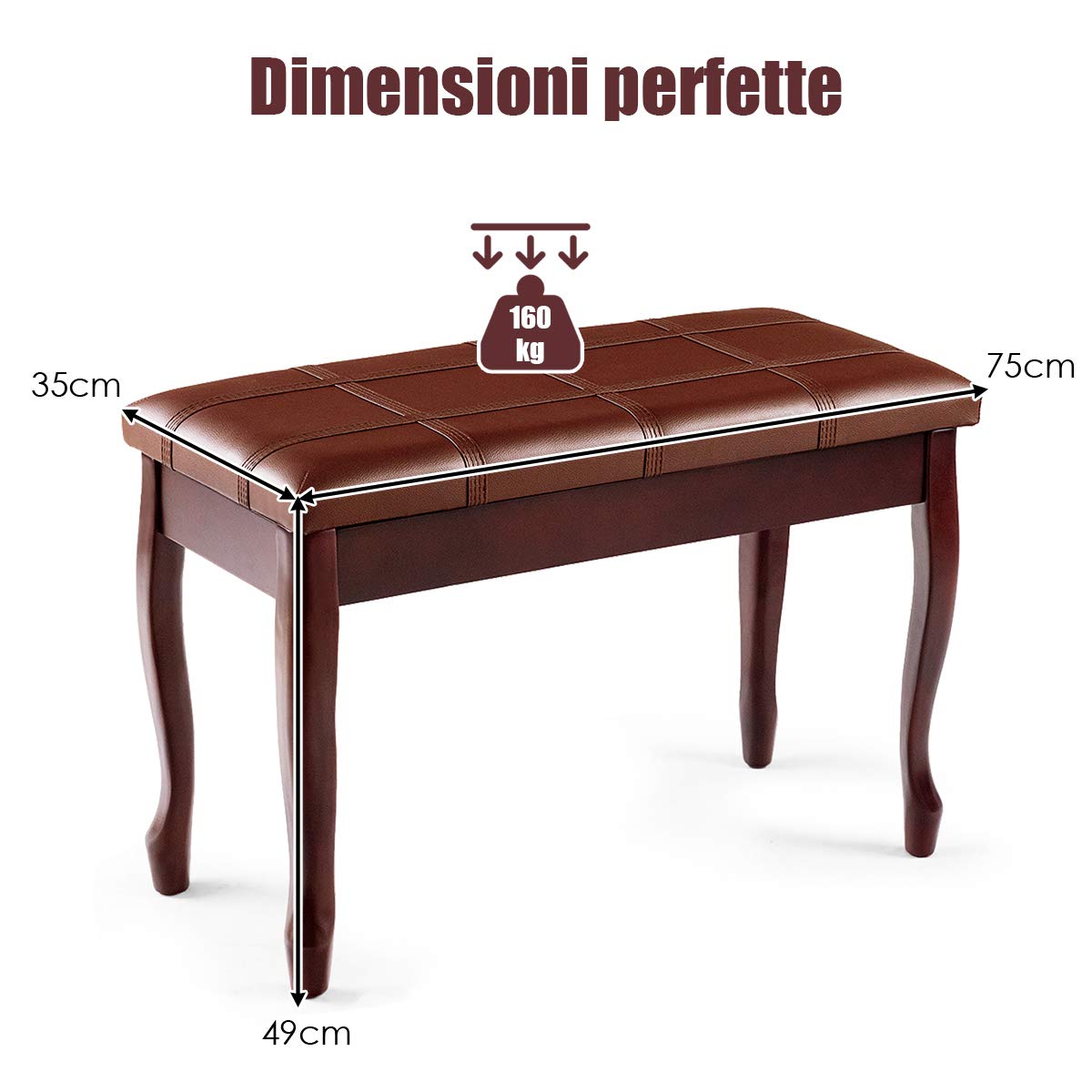 GOPLUS Panca Pianoforte con Contenitore, Sgabello con 2 Posti, Seduta Morbida e Traspirante, con 4 Gambe in Legno Massello, 75x35x49 cm (Marrone)
