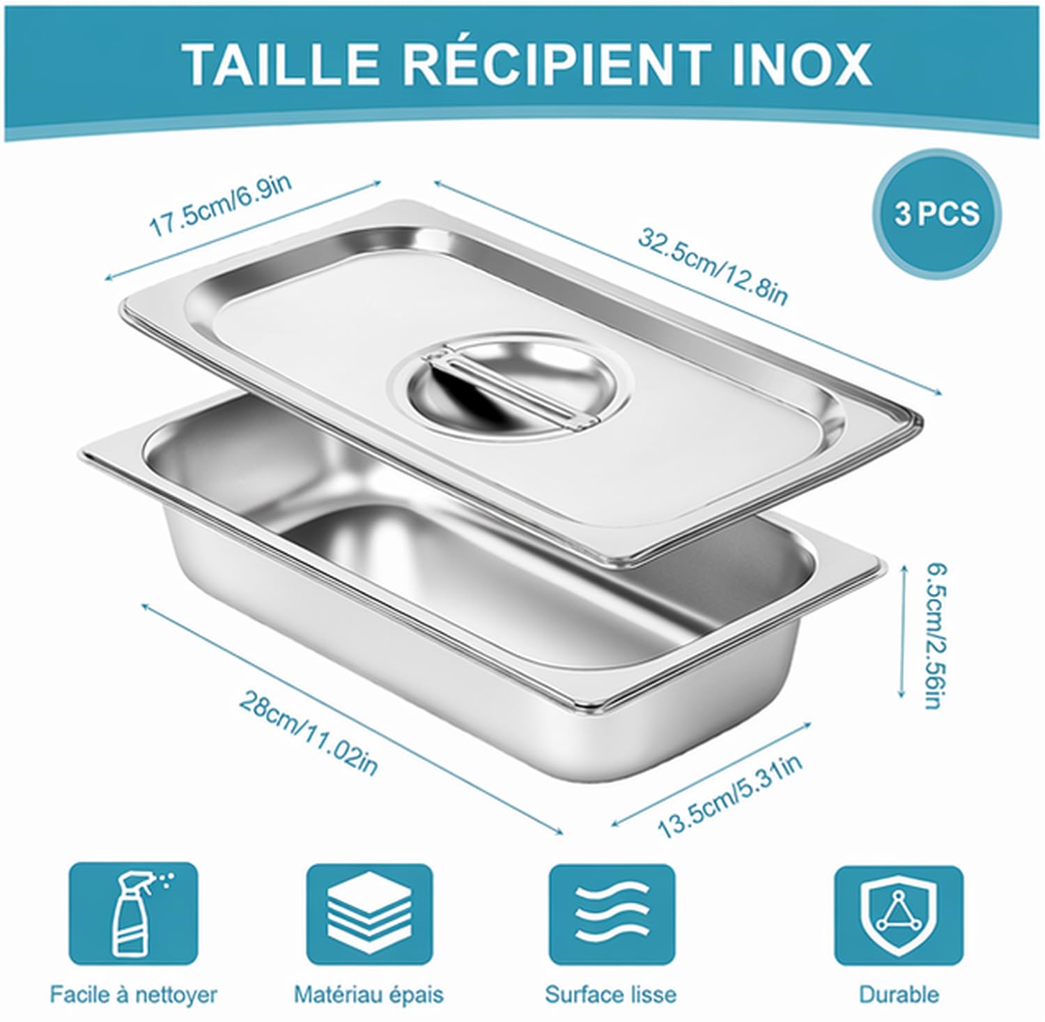 Lot de 3 Bac de Cuisson en Inox 32,5 x 17,5 x 6,5 cm Plateau Inox pour Pâtisserie Gratin Frites