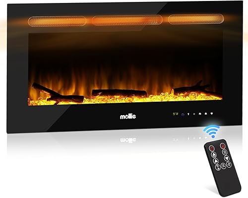mollie Chimenea eléctrica de 36 pulgadas 1400 W empotrada y montada en la pared, 8 colores de brillo ajustable, llama eléctrica lineal con control