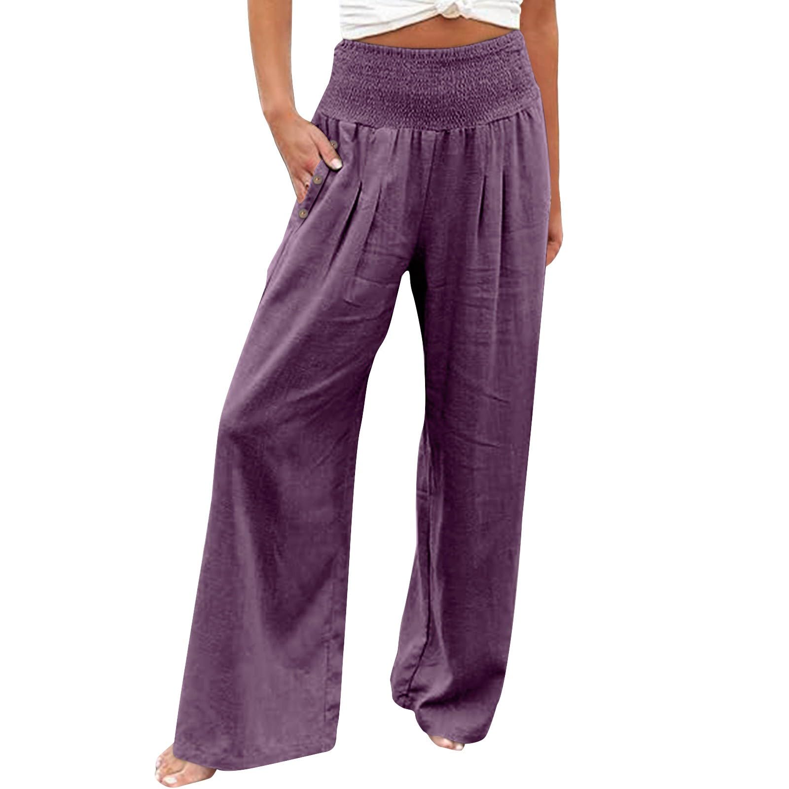 GOKKILRW Womens Linen Palazzo Pants High Waist Flowy Casual Dress Trousers Lightweight Wide Leg Beach Travel Pant Work