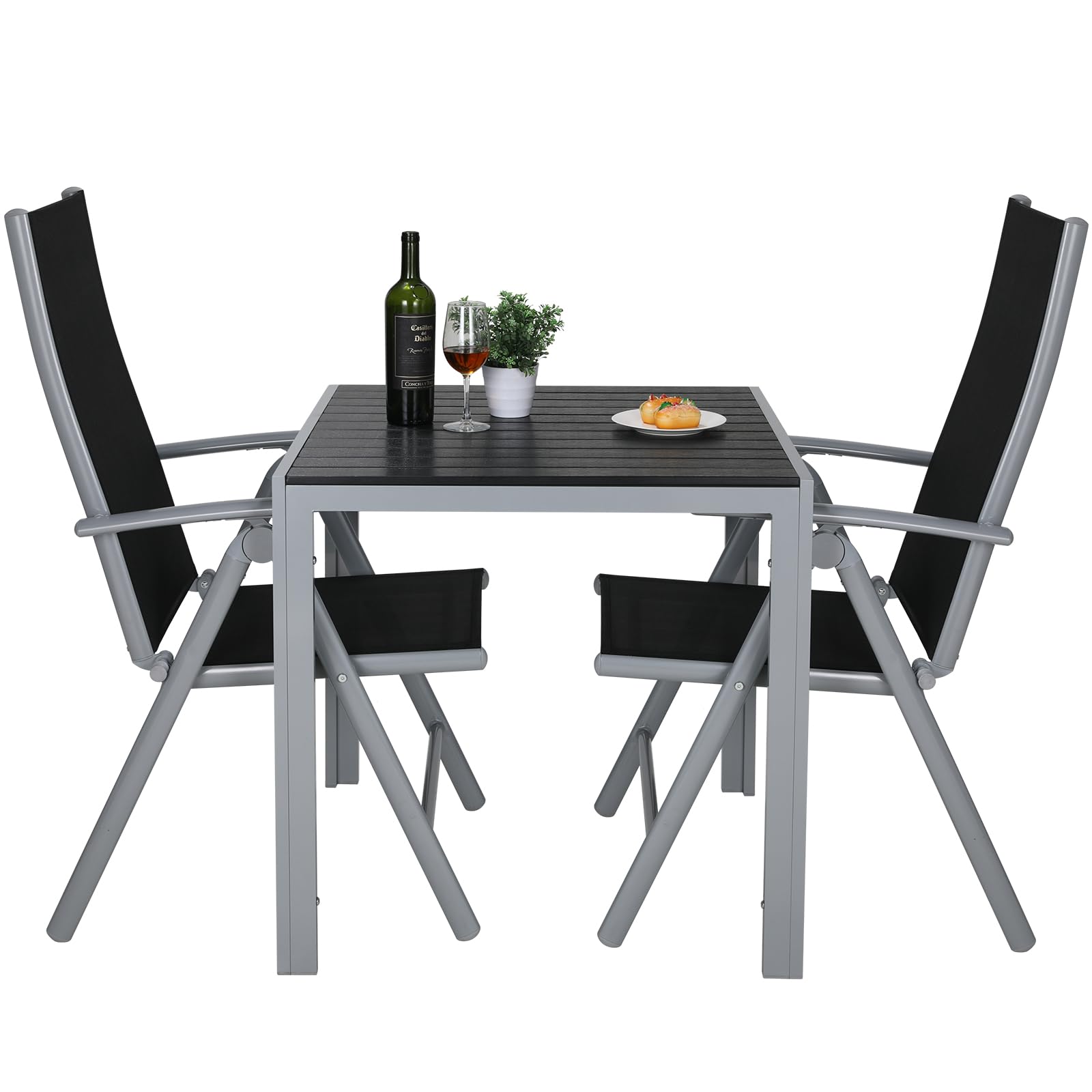 LIFERUN Set Giardino Esterno Alluminio 3 Pezzi, Tavolo da Giardino con Sedie, 1 Tavolo e 2 Sedie Pieghevole, Salotto Per Patio Giardino Balcone Veranda Esterno Piscina Terrazzo, Grigio argento
