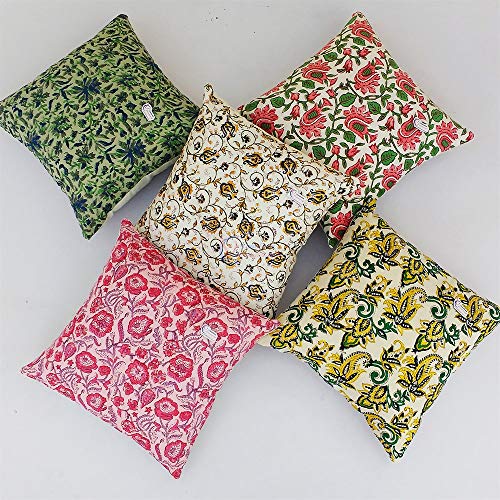 Traditional Jaipur Set of 5 Block Print Fabric Indian Cushions Pillow Covers Decorative Throw Pillowcases Handcrafted Outdoor Cushion Cover Boho Pillow Shams (20 x 20 inches)