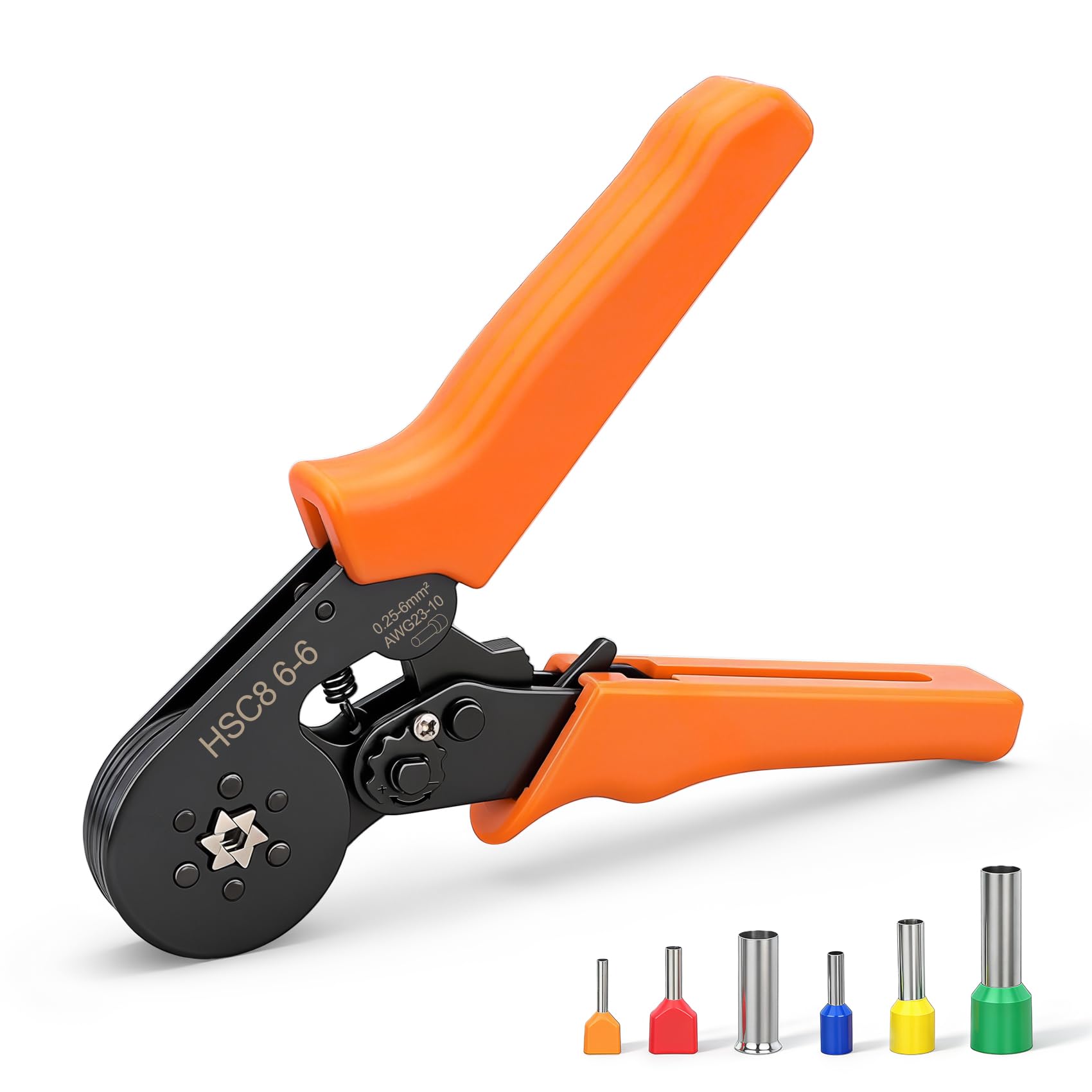 Baomain HSC8 6-6 Self-Adjustable Crimping Tool - Hexagonal (6-sided) Crimps - for 23-10 AWG Ferrules Wire Cable End Sleeves, Orange
