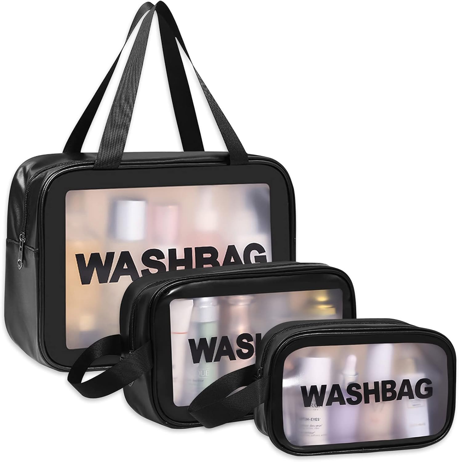 Wash Bag Set of 3 with Transparent Front Panel, Zip Closure and Carry Handles – Large Medium Small Toiletry Storage Bags Any 1 Set of 3-image-8