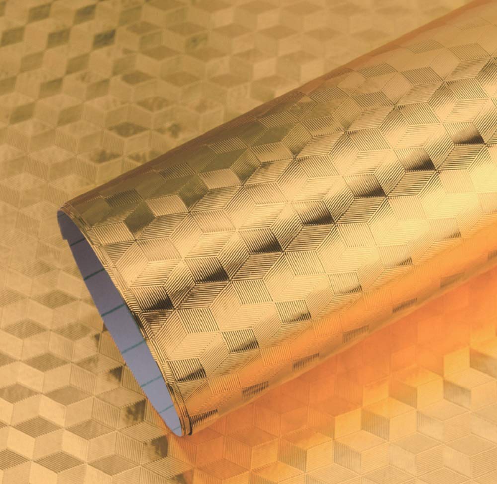 CHANMOL Kitchen Backsplash Wallpaper Stickers, Kitchen Stickers Self Adhesive Kitchen Aluminum Foil Stickers Oil Proof Waterproof Kitchen Stove Sticker -15.6 x117inch (60 * 200cm) (Gold cube)