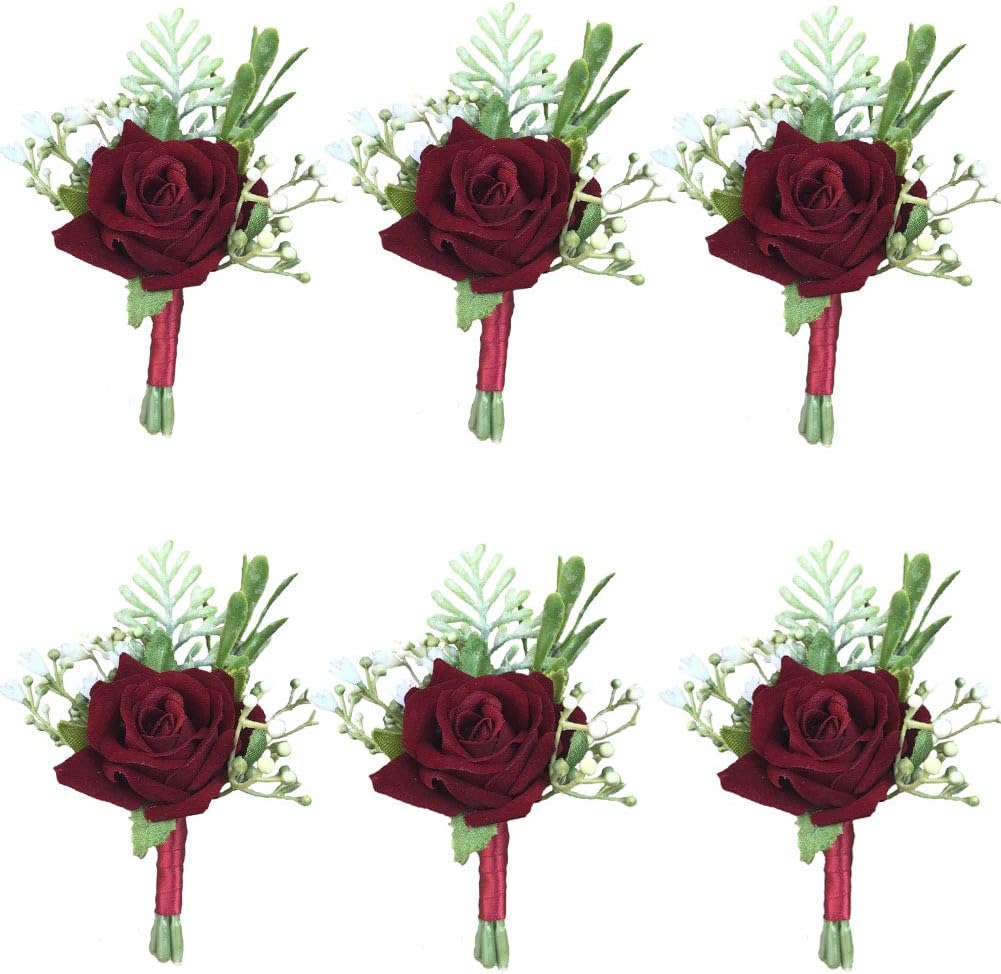 6Pieces/lot Groom Boutonniere Man Women Bride Wrist Corsage Artificial Wedding Flowers Party Decoration (Wine Red, Boutonniere)